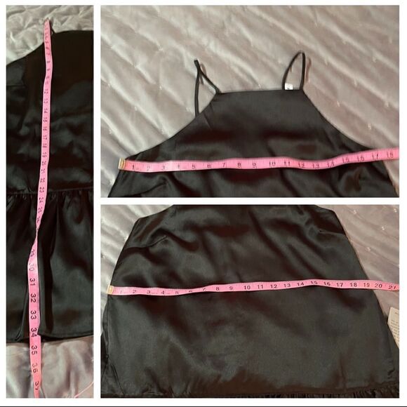 Maisie Monti Tiered Slip Dress Mini Satin Square Neck Drop Waist LBD Black M - Picture 11 of 11